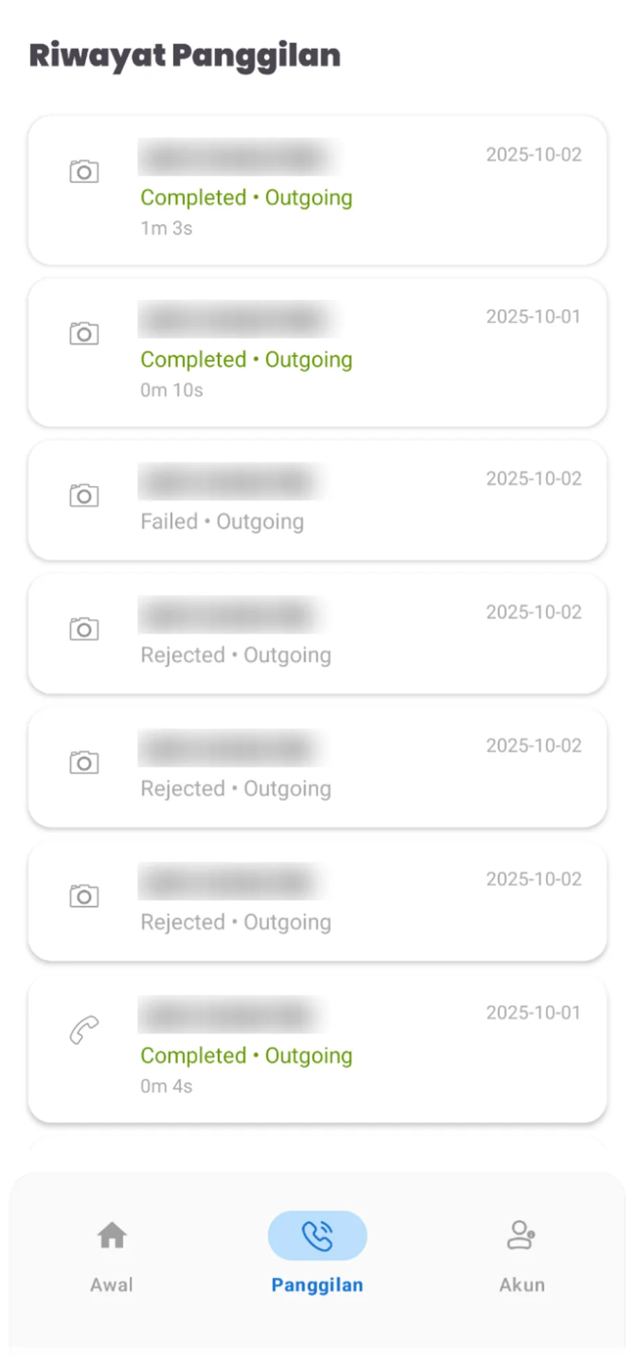 Call history with status and duration