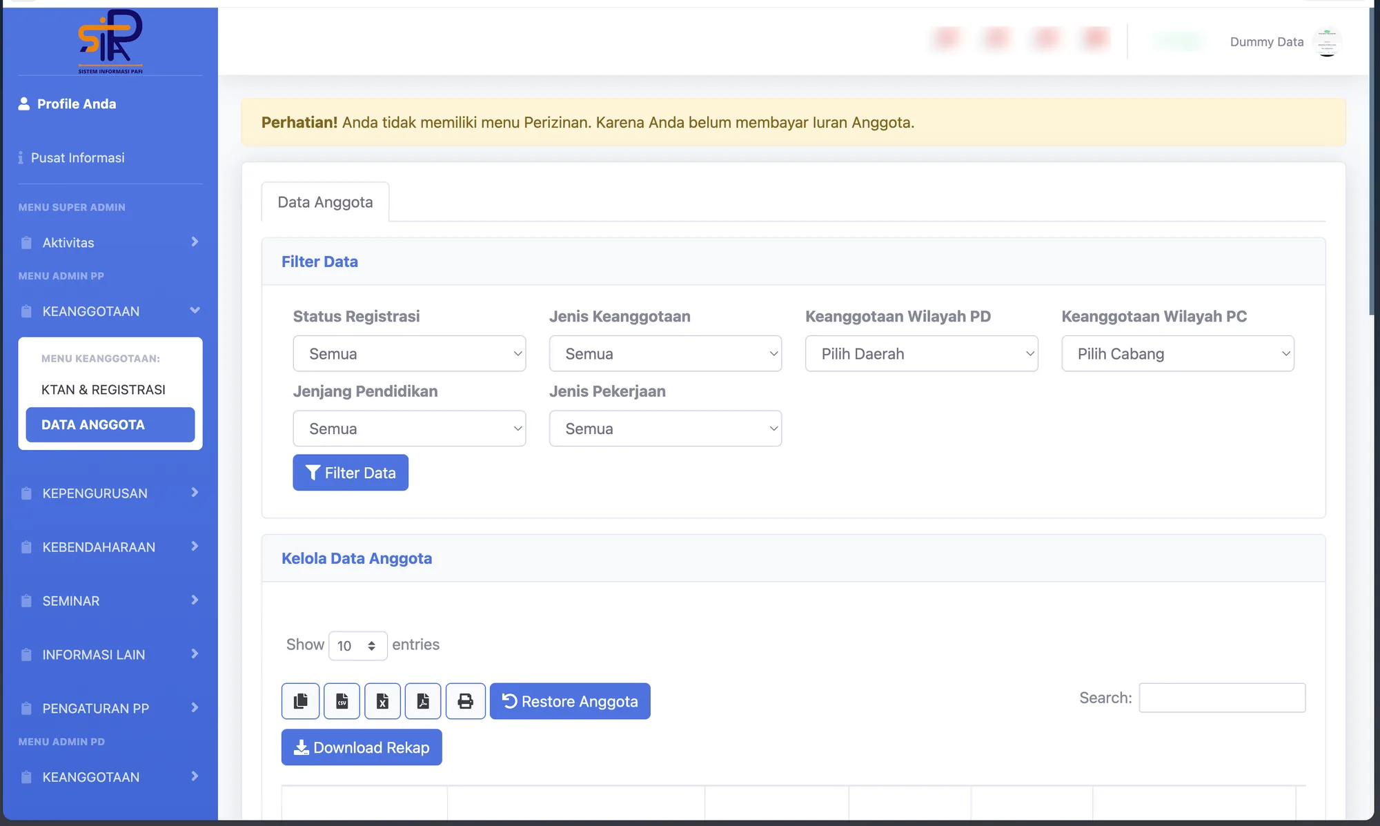 Admin view — member database with filters by region, branch, education and profession